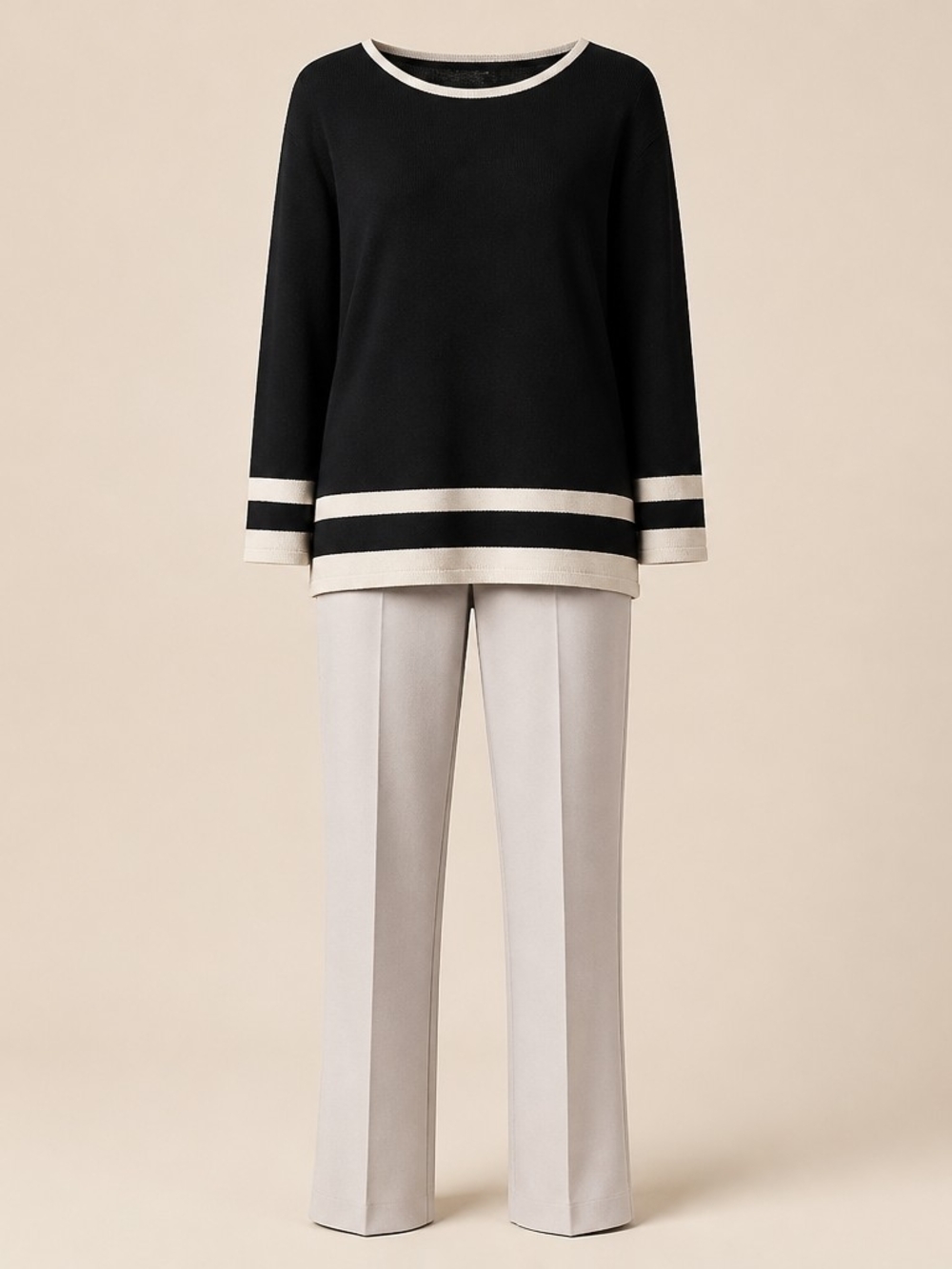 Joseph Ribkoff Black Sweater with Cream Trim And Elegant  Beige Pull-On Pans.